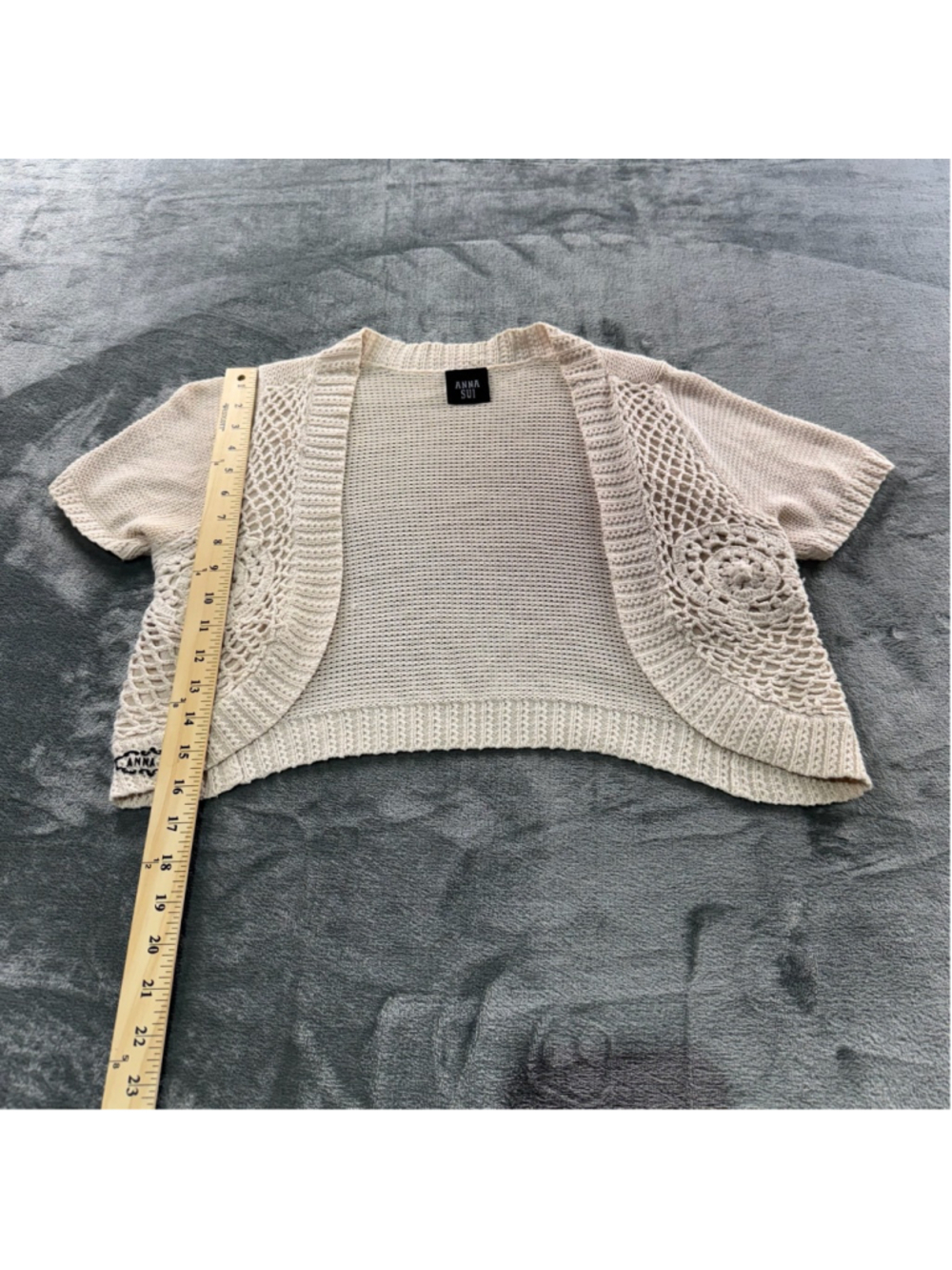 Anna Sui Cardigan Womens S Crochet Boho Bolero Cottagecore Y2K Open Knit Ivory - Picture 11 of 13